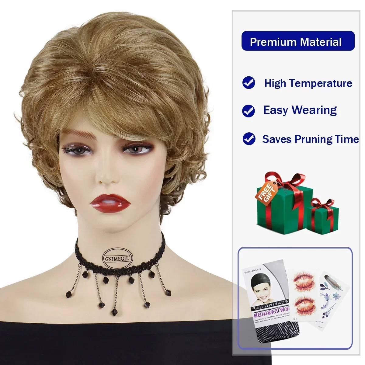 Synthetic Short Wigs for White Women Sandy Blonde Wig with Bangs Mix Brown Color Natural Curly Wig Hair Ombre Elderly Wigs Mommy