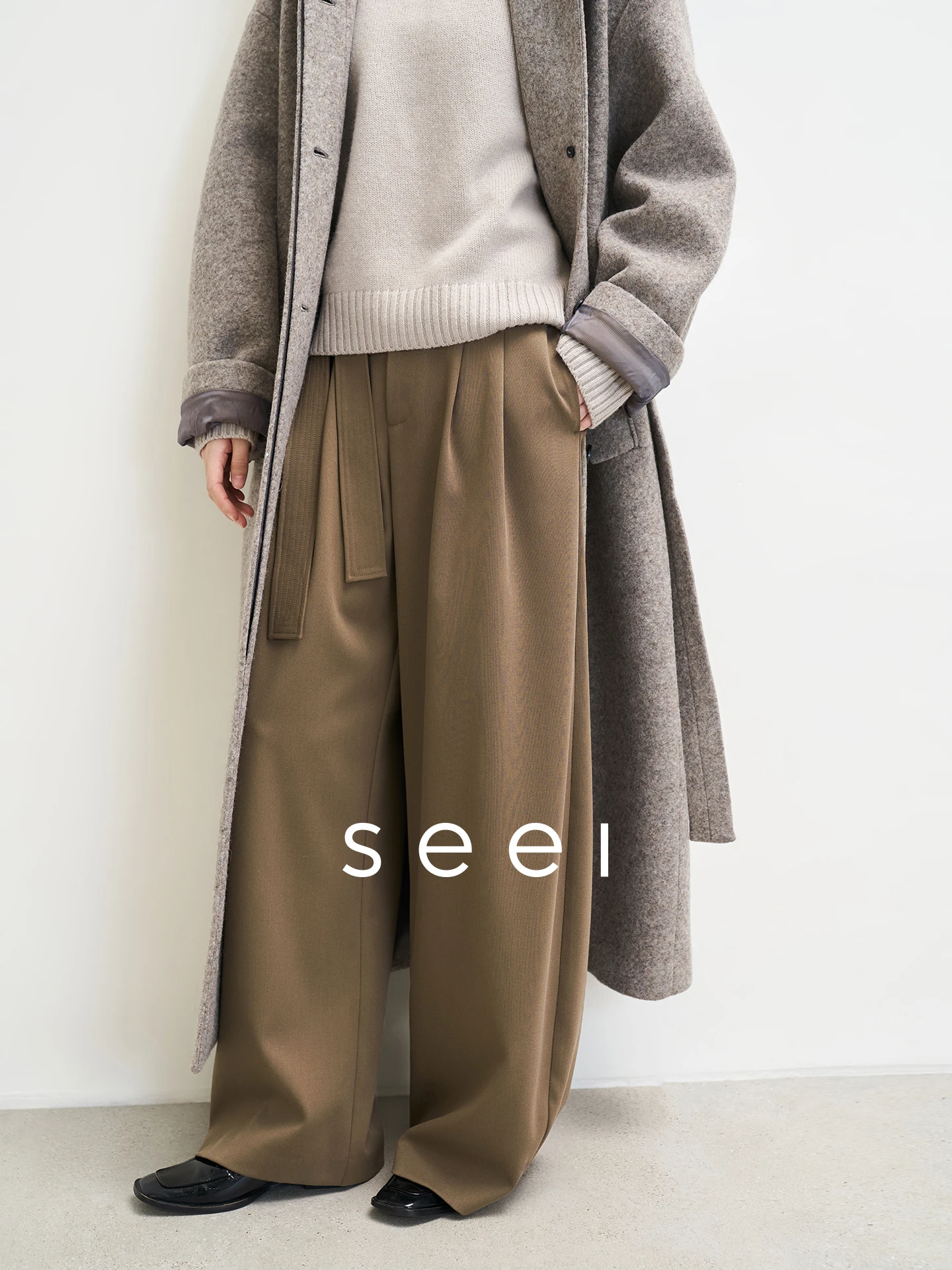 

Seei Casual Wide Leg West Pants Women's Anti-Wrinkle Belt Design Autumn High Waist Long Trousers Simple Sle