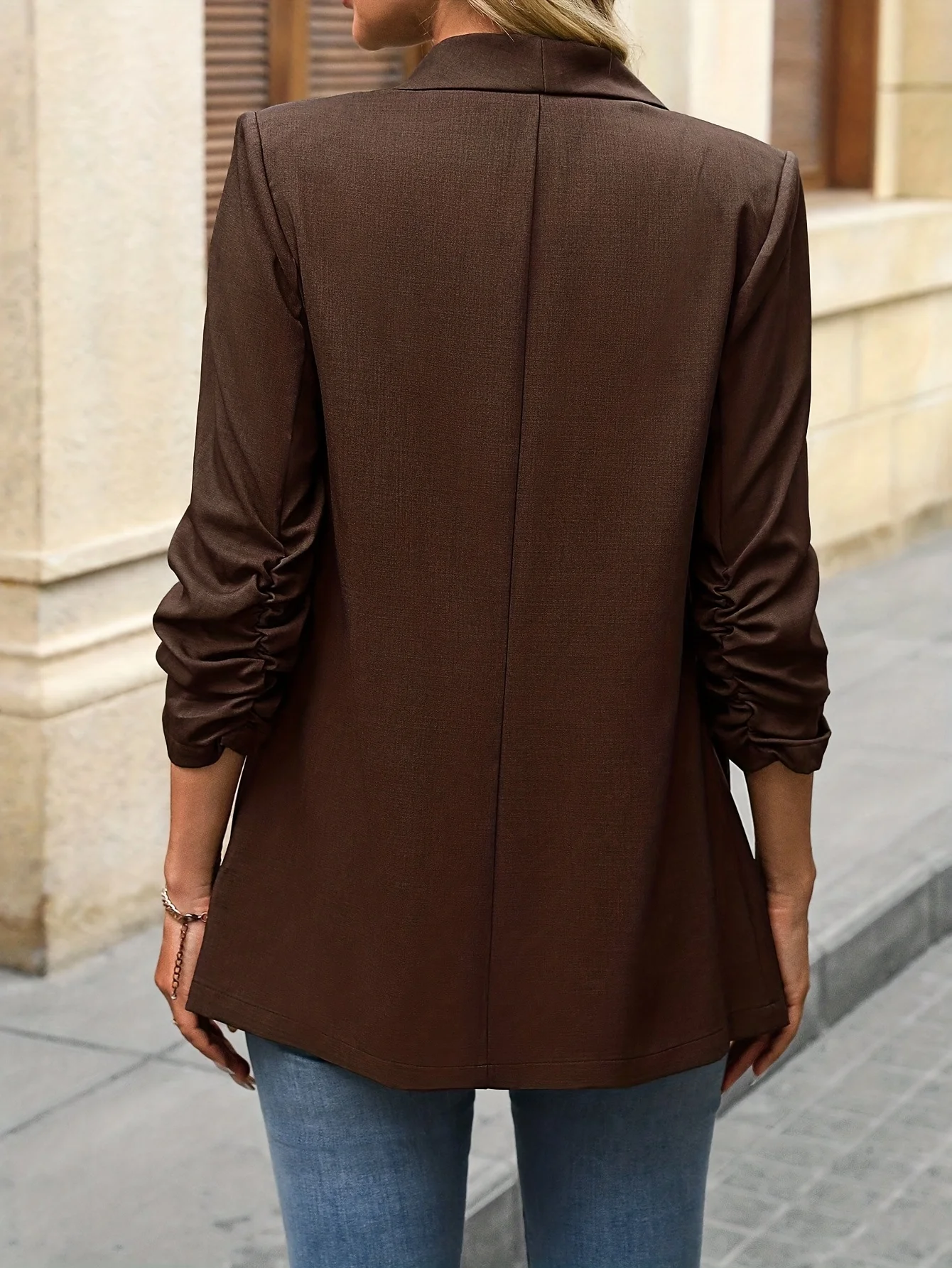 Women's New Thin Blazer for Autumn, Lapel Long Sleeve Jacket with Pockets, Ruched & Padded Shoulder Elegant Coat for Spring & Au