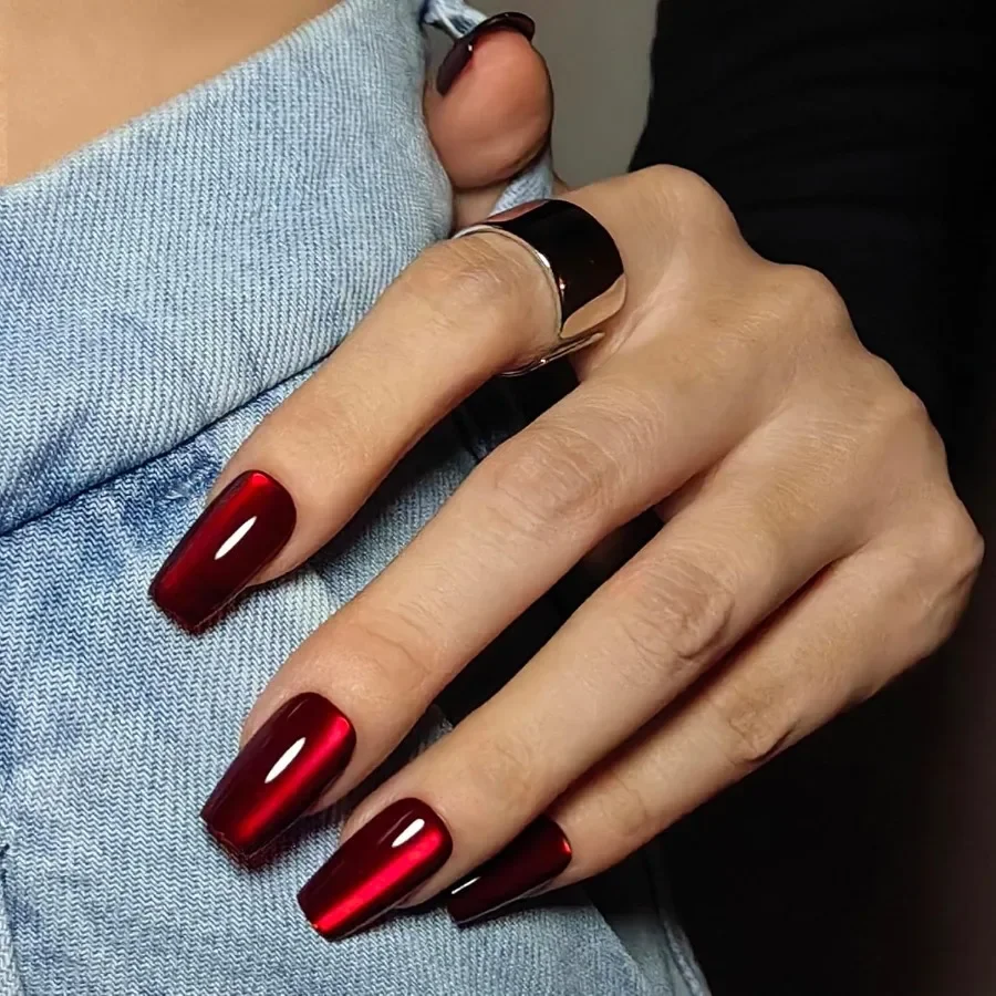 True Ruby Red Press on Nails for Women with Magnetic Cherry Shimmer and UV Finish in Medium Coffin Shape Ideal for Daily Wear P