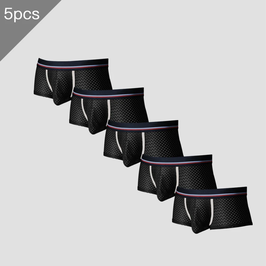 

5PCS Men's ice silk underpants with mesh, thin and breathable in summer, U-convex flat corner, short underpants and waistband