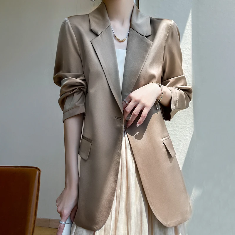 Spring And Autumn New Women\'s Fashion French Suit Solid Color Lapel Acetate Fabric Elegant Temperament Casual Commuter Jacket