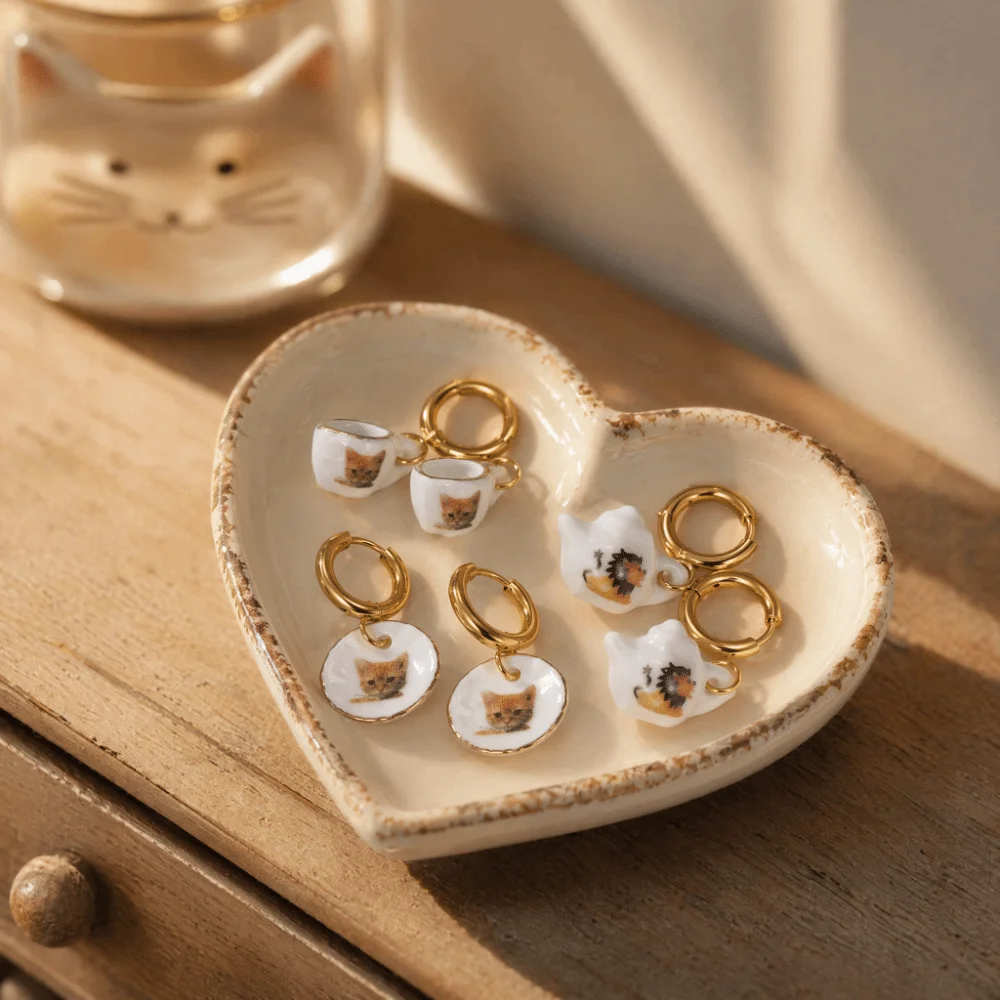Dripping Oil Ginger Cat Pattern Hoop Earrings Stainless Steel Cute Plate Teacup Tea Pot Ear Buckle Y2K Sweet Porcelain Earrings