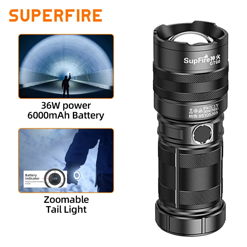 Superfire GT60 36W Power Led Flashlight Tactical Emergency Spotlight Telescopic Zoom 1680Lumen Type-C Rechargeable Camping Torch
