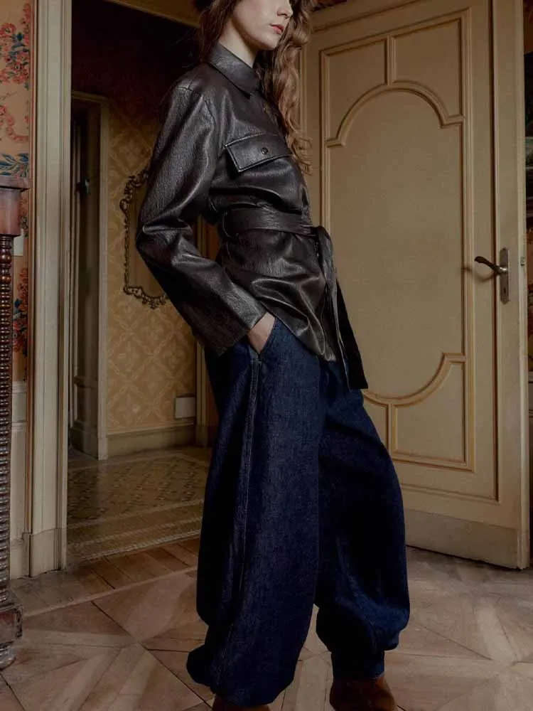 European and American style winter new arrival fashionable and simple women's lapel long-sleeved faux leather jacket with belt