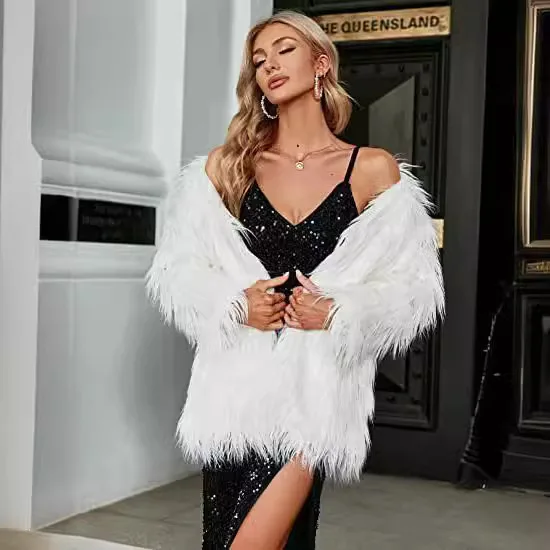 Abrigo de piel Artificial con flecos para mujer, abrigo de piel de visón de longitud media de felpa con cuello en V para mujer, chaqueta de piel ecológica de pelo largo detallado para mujer