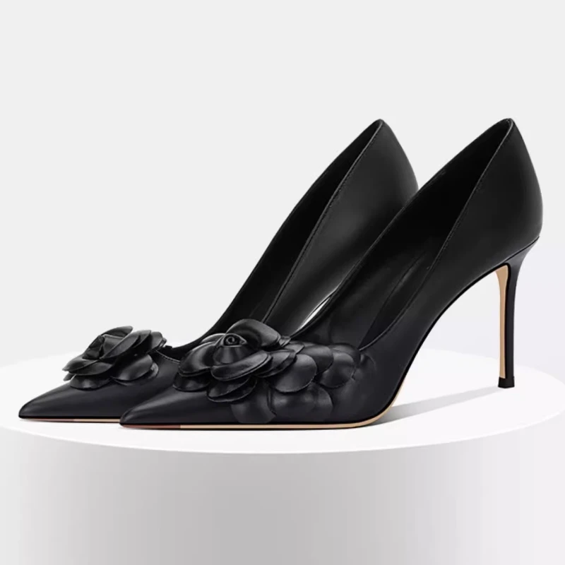 

Elegant Black Flower Decoration High Heels for Women Sexy Pointed Toe Thin Heel Designer Shoes Fashion Cozy Banquet Dress Shoes