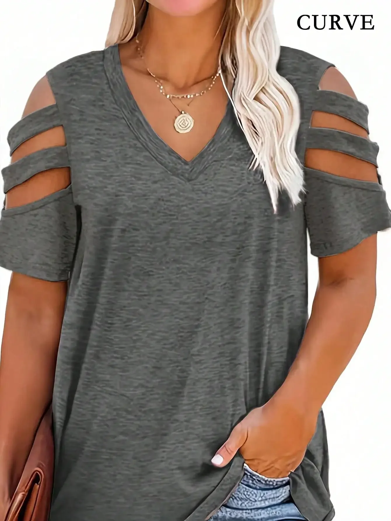 Women Fashion Plus Size 1XL-5XL V-neck Summer Hollow Shoulder Exposed T-shirt Summer Loose Top Short Sleeved Casual T-shirt