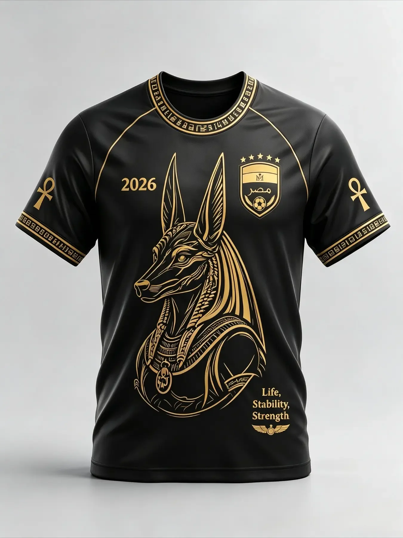 2026 Summer Gold Round Neck Short Sleeve, Anubis 3D Print, Unisex Breathable Quick-Dry Football T-Shirt