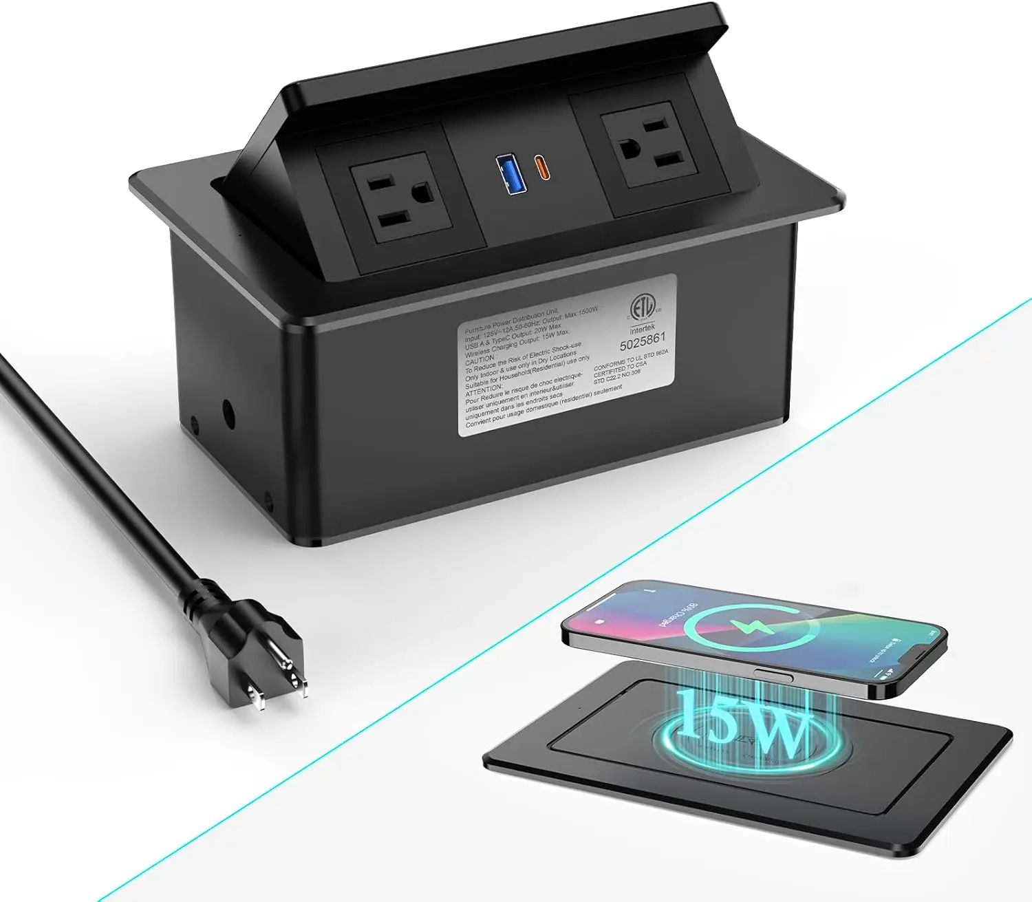 

Pop-Up Desk Outlet with Wireless Charging, 2 AC Ports & USB-C/A Ports, 6FT Cord for Office/Bedroom