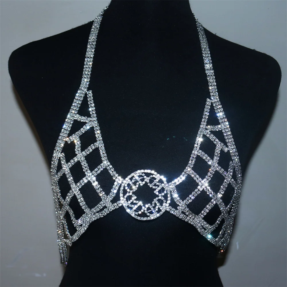 2022 New Fashion Shiny Rhinestone Mesh Hollow Chest Chain Ladies Stage Catwalk Bling Crystal Bra Body Chain Jewelry Accessories