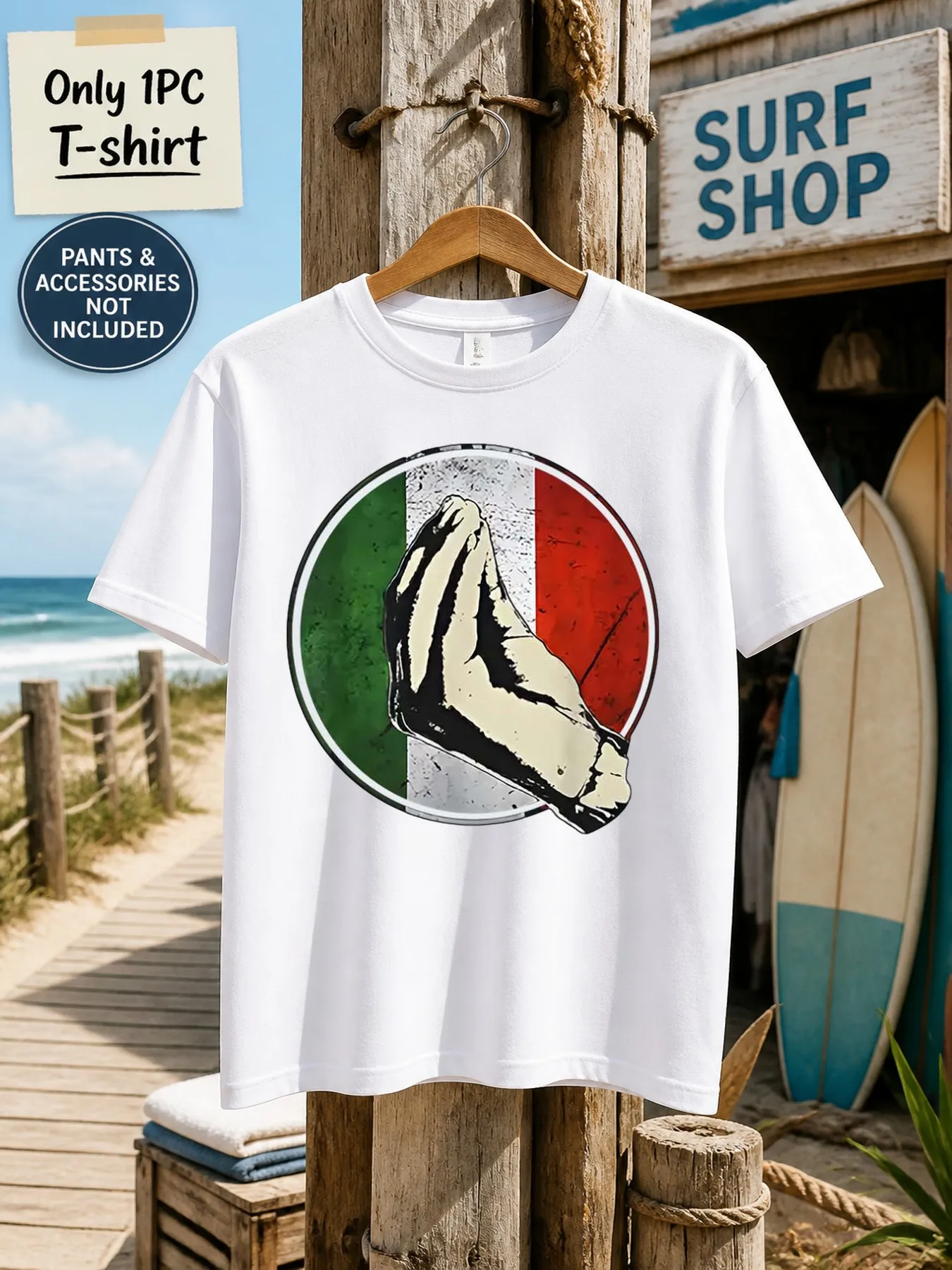 1pc Men'S Graphic T-Shirt Italian Flag Praying Hands Print Short Sleeve Crew Neck [Solely 1pc T-SHIRT]