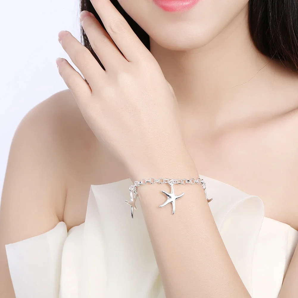 Special offer fashion 925 Sterling Silver Bracelet for woman five starfish Pendant chain jewelry Wedding party Christmas gift