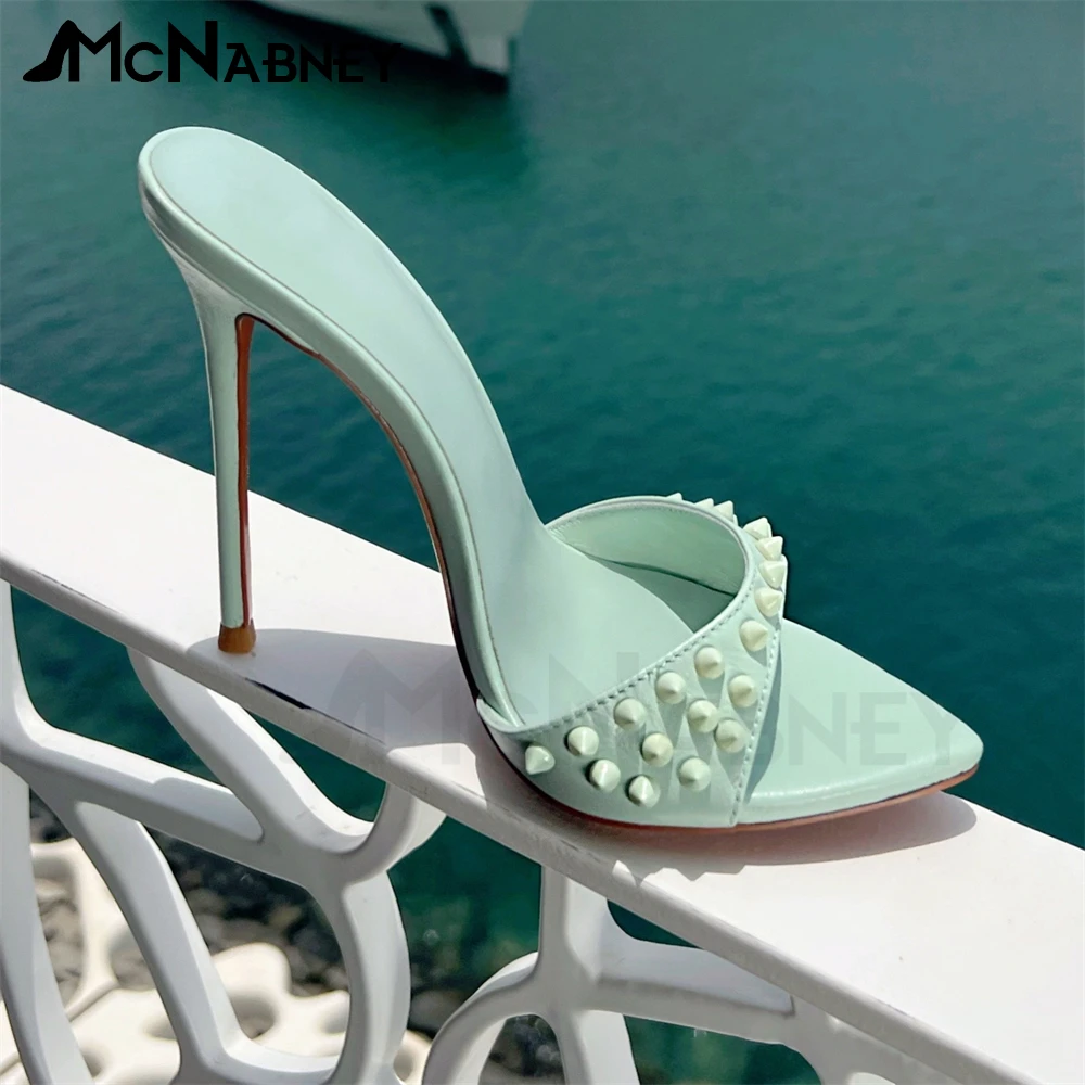 

Green Pointed Slippers Rivet Muller Shoes Slip On Summer Shoes Super High Heel Stiletto Sandals Large Size Slippers for Outside