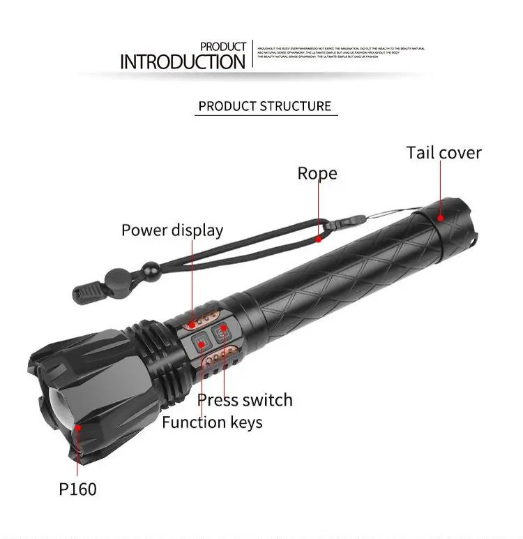 Telescopic Zoom Tactical P160 LED Flashlight USB Type-C Rechargeable High Power Flash Light Aluminum Alloy Waterproof Torch