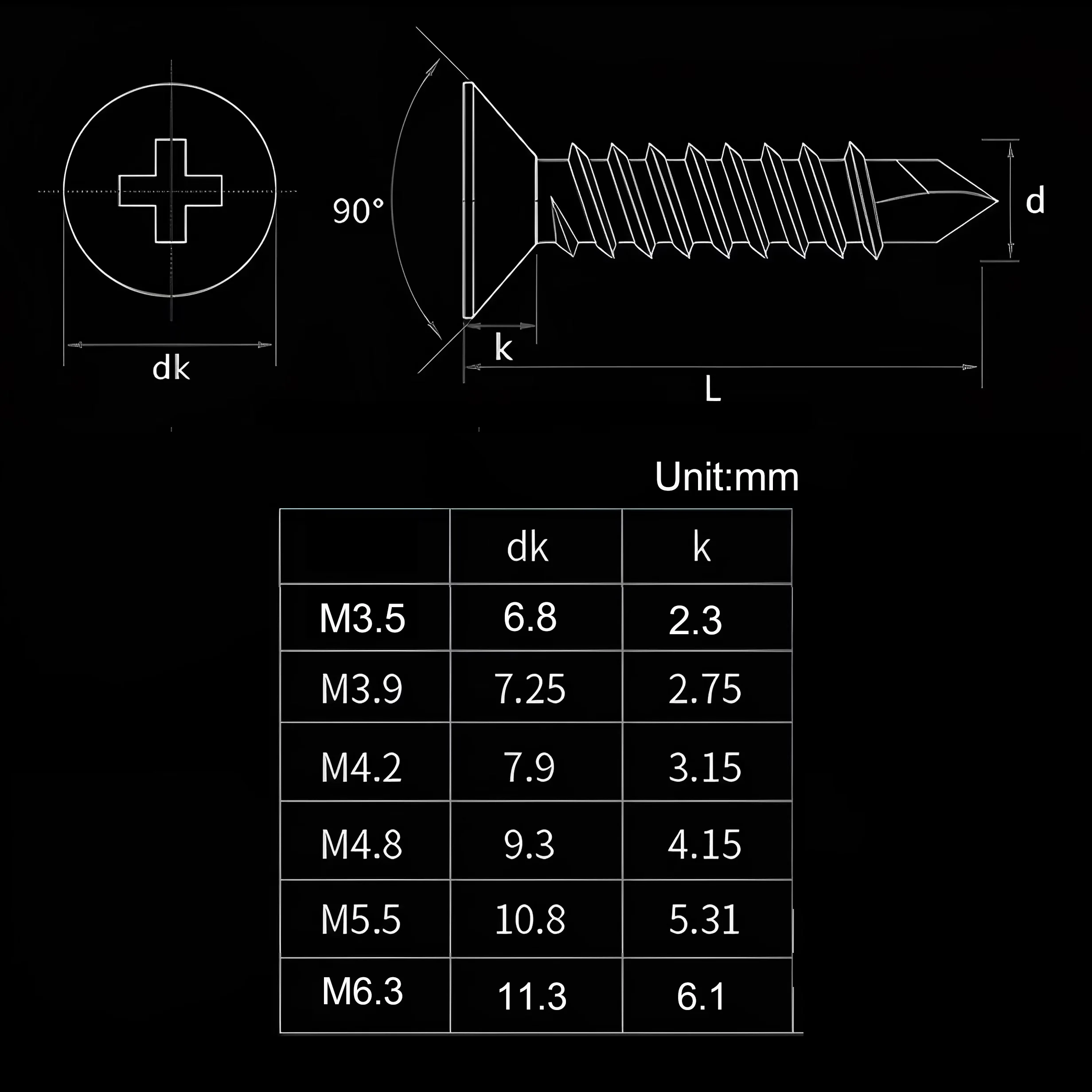 M3.5 M3.9 M4.2 M4.8 M5.5 Sheet Metal Self-Tapping Screws 410 Stainless Steel Flat Head High-Strength Quick Self-Drilling Screws