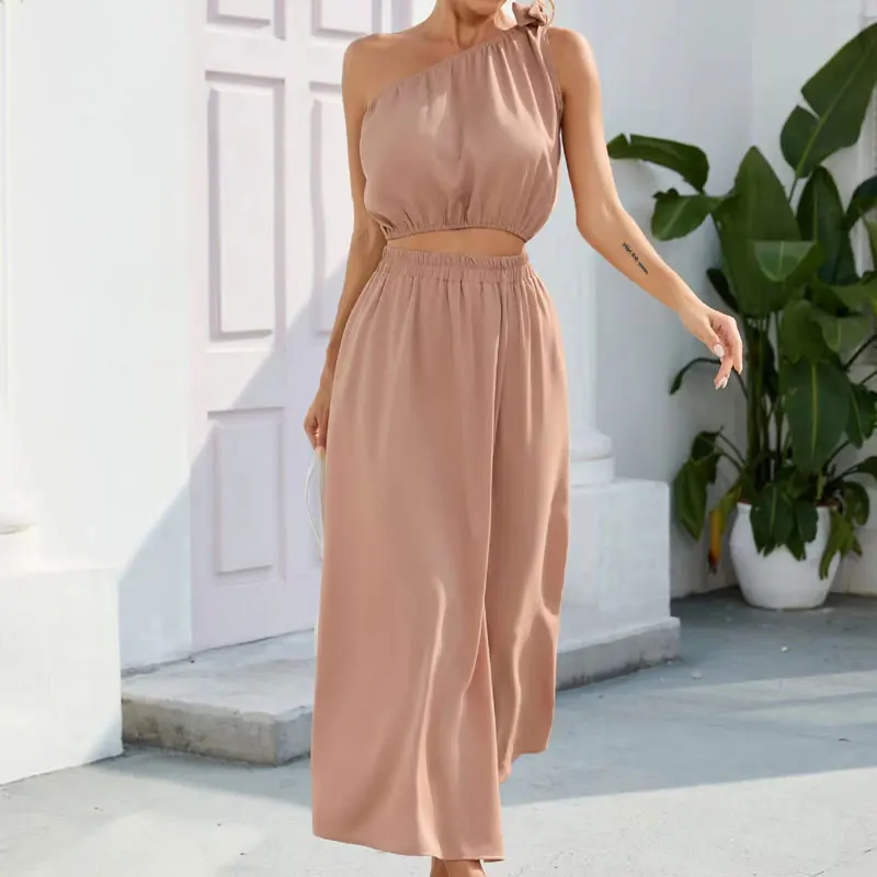 

Women Summer Tops And Skirts Two-Piece Set Fashion Inclined Shoulder Tops Solid Color Evening Party Big Gown Skirts Female Suit