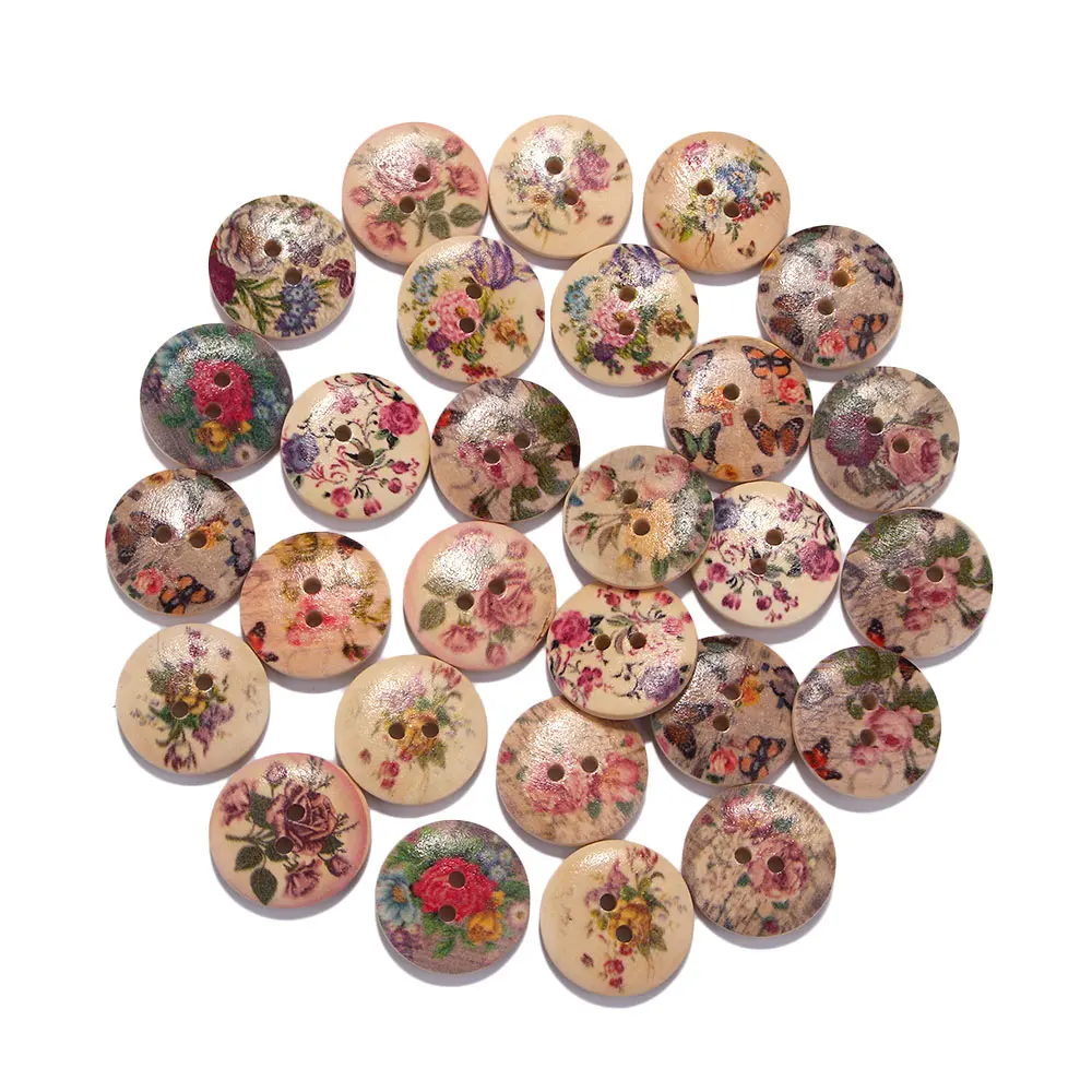 20/50 pcs/pack 20mm retro kolo dřevo smíšené dva děr knoflíků kvést potištěné střih tlačítko šicí DIY řemeslo dekorace