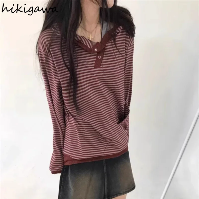 Korean Camisetas Chic T Shirts for Women 2024 Ropa Mujer Hooded Casual Tees Loose Fashion Y2k Tops Long Sleeve Striped Tshirts