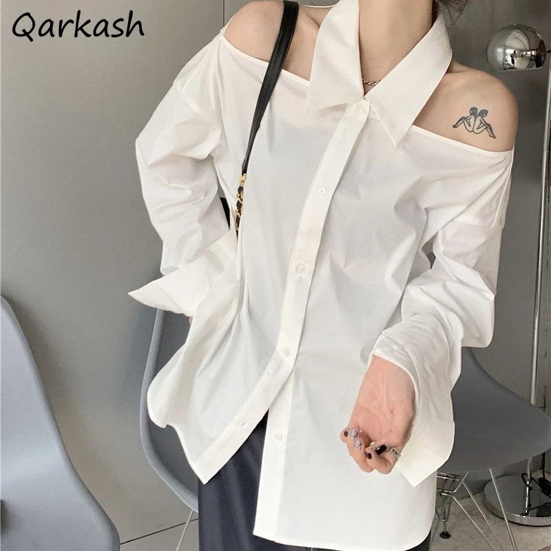 White Shirts Women Off-shoulder Long Sleeve Halter Korean Fashion Designed Y2k Tops Camisas Loose All-match Elegant Blusas Mujer