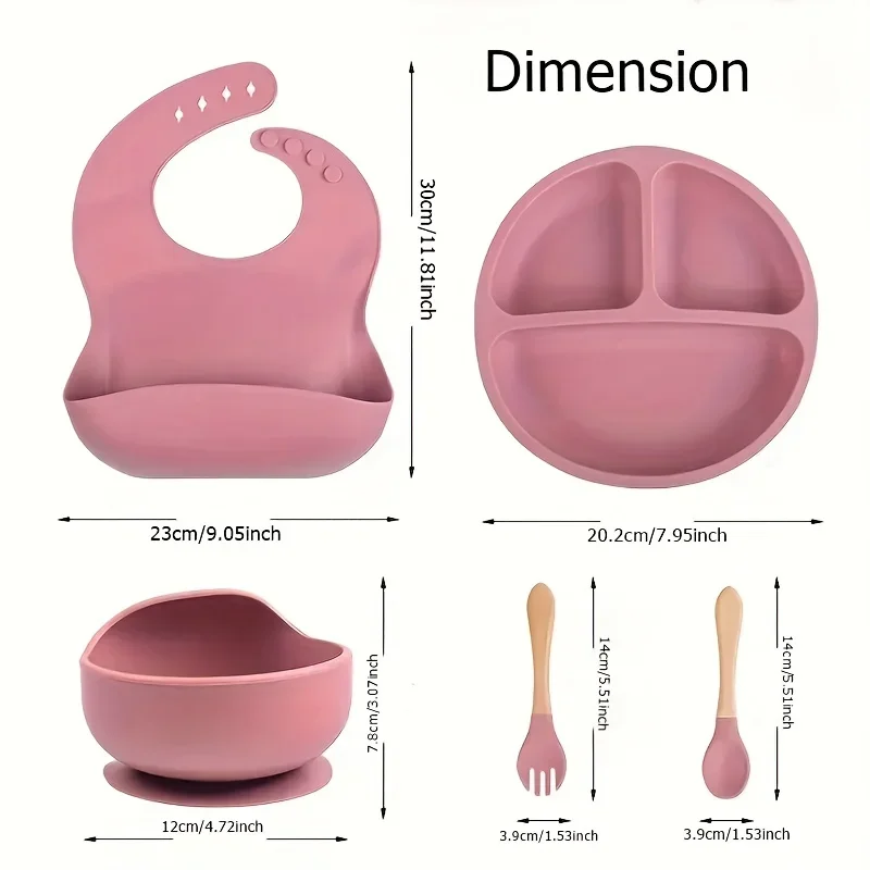 5-Piece Cute Design Silicone Baby Feeding Set High Quality Suction Divided Plate Wooden Handle Spoon Fork