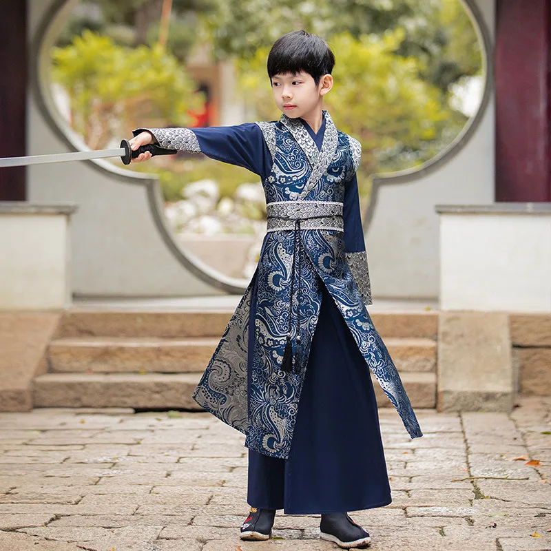 Spring Blue Print Hanfu New Autumn Children Tang Suit for Boys Chinese Style Hanfu Suit Anciwent Martial Arts Costume