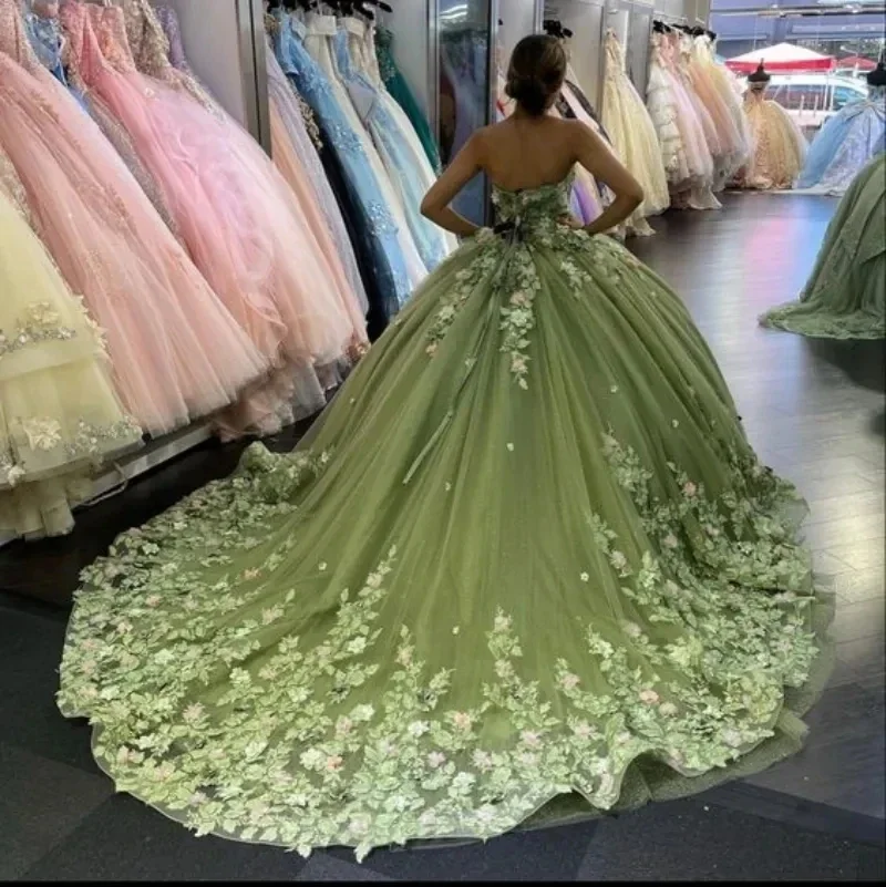 Exquisitos vestidos De fiesta verdes para quinceañeras, apliques con volantes, Vestidos De fiesta De cumpleaños, Vestidos De princesa De 15 quinceañera