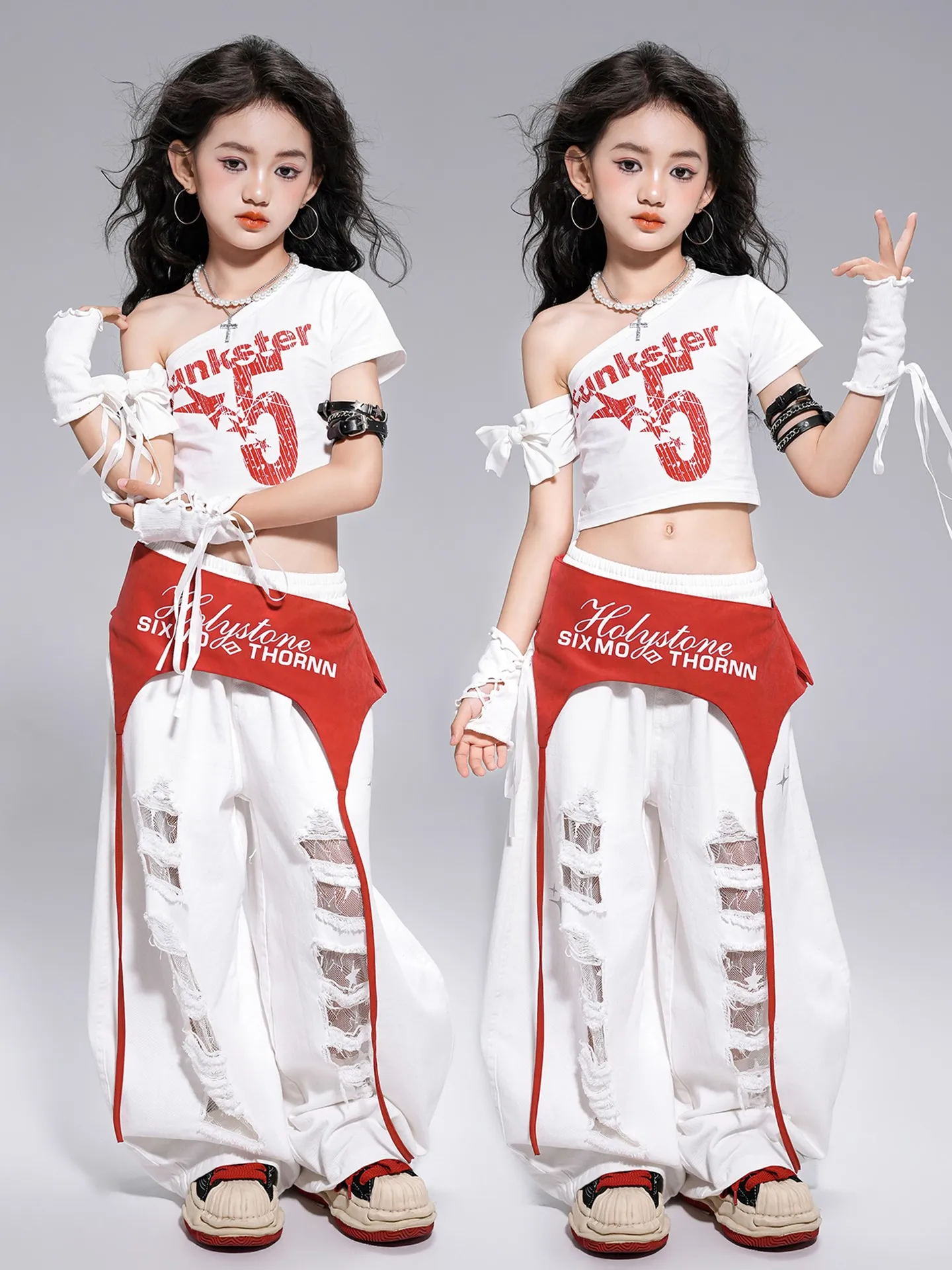 Meisjes Kpop Dans Hip Hop Jazzdans Kostuums Wit Schuine Schouder Tops Broek Pak Praktijk Street Dance Wear Kleding DQL10986