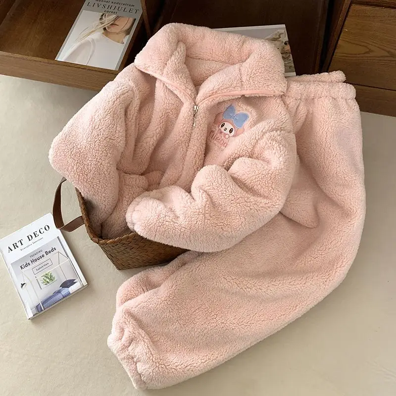 الوردي بلدي ميلودي أزياء الكرتون لطيف منامة للفتيات سميكة الدافئة سستة سترة أفخم ملابس المنزل يمكن ارتداؤها خارج