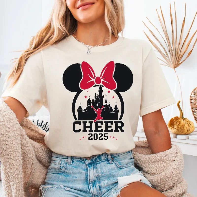 

Футболка Cheer 2025 с бантом Минни Волшебное королевство Уолт Disney World Рубашка Одинаковая рубашка для всей семьи с Микки