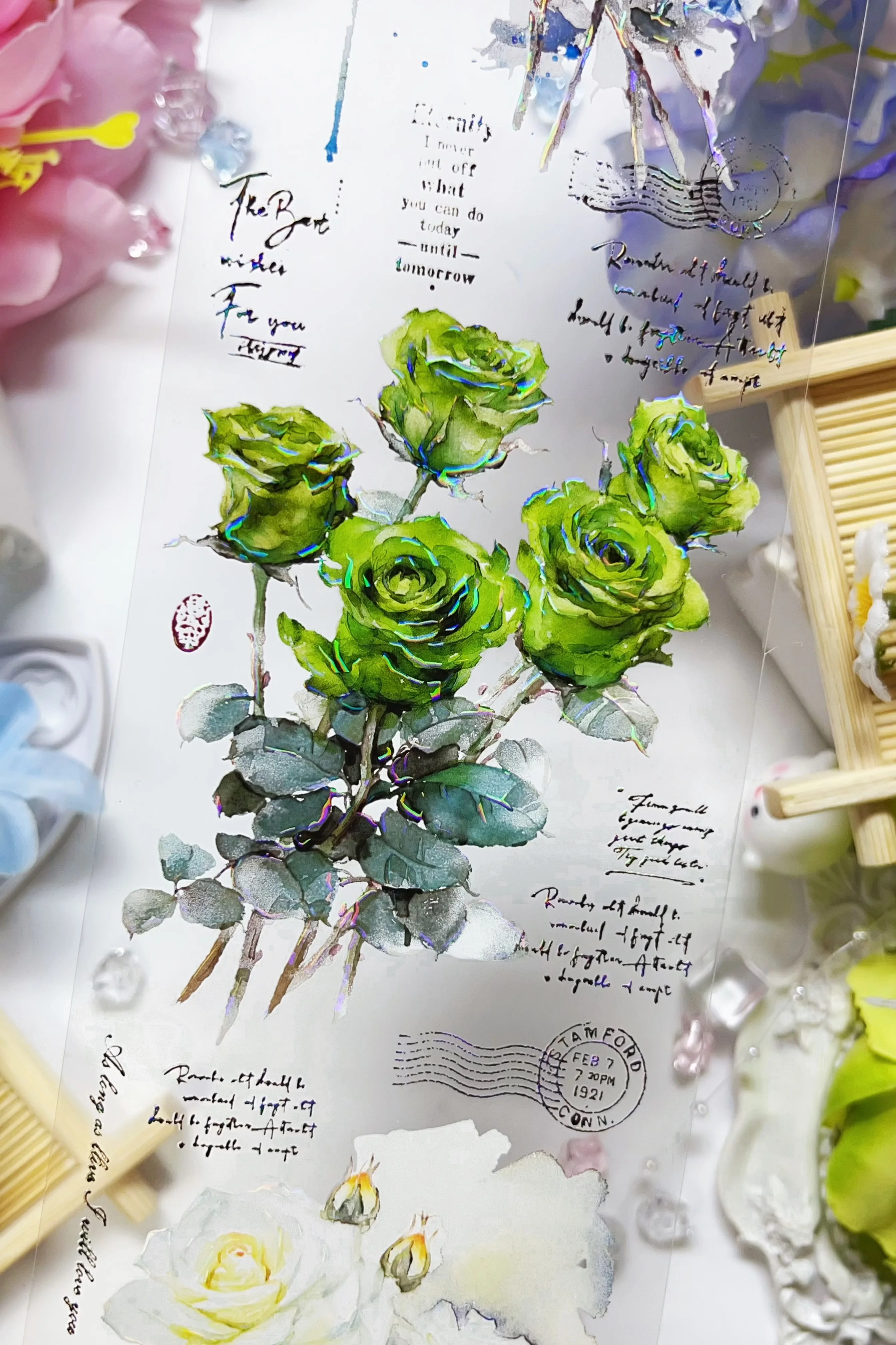 Amazing Colorful Roses Words Shiny Shell PET Tapes Craft Supplies DIY Scrapbooking Card Making Decorative Plan Sticker