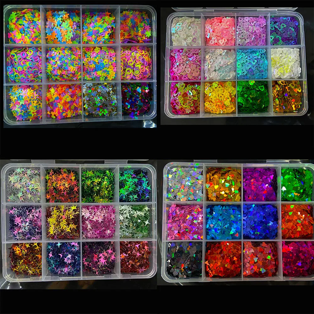 12/6 Grids Mixed Holographic Nail Glitter Sparkly Hexagon/Heart/Star/Butterfly Nail Sequins Flakes Manicure Decoration Paillette