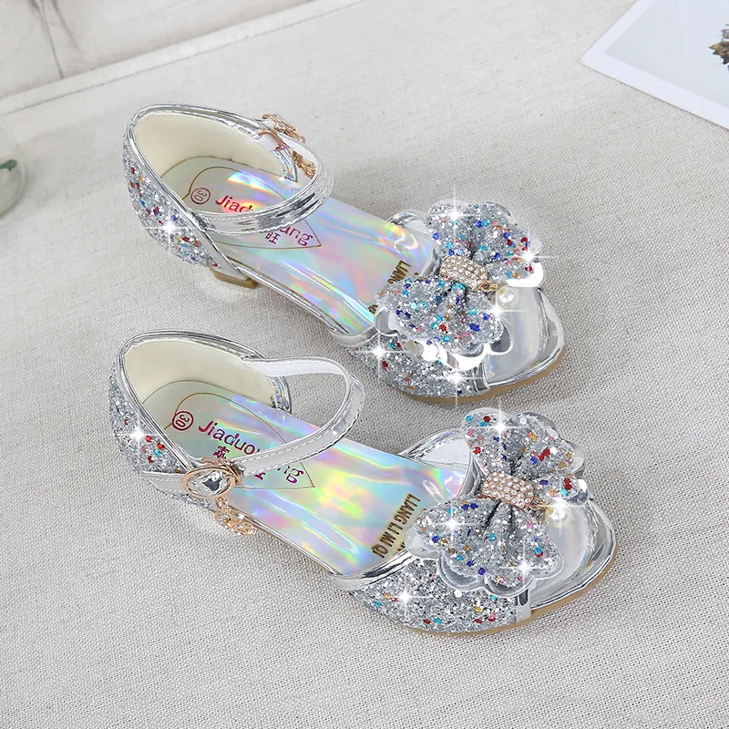 Children Princess Sandals Kids Girls Wedding Shoes High Heels Dress Shoes Bowtie Purple Pink Blue Silver Shoes For Girls