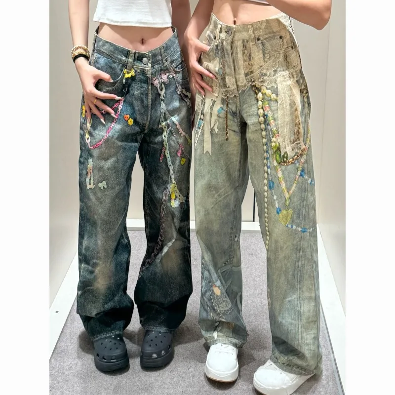 

New 3D Digital Printed Candy Chain 1981 Printed Lace Pearl Straight Jeans for Men and Women Personalized Fashion Age Reduction