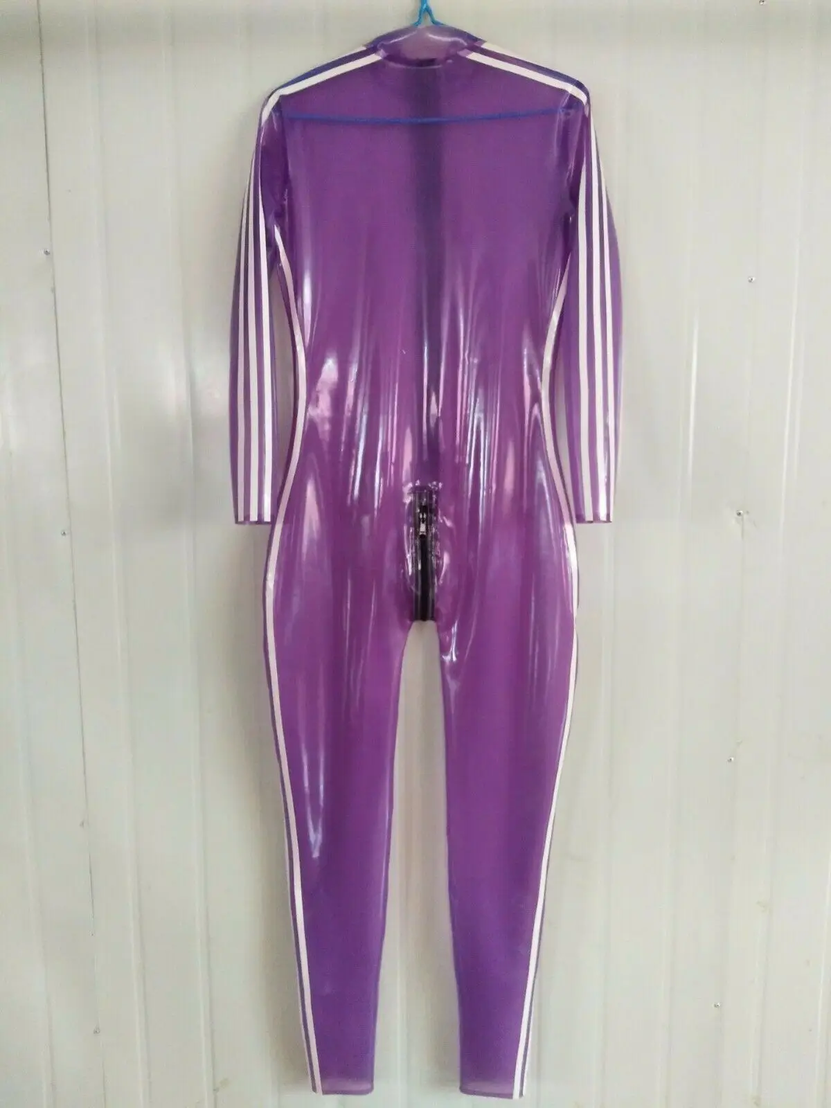 

100%Latex Catsuit Rubber Anzug Gummi Purple White Ganzanzug Crotch Zip0.4mmS-XXL