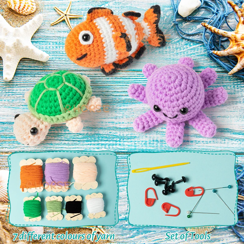 Beginner Crochet Kit for Kids Non-finished Knitting Fiber Crochet Starter Kit Animals Turtle Octopus Yarn Hooks Pack DIY Craft