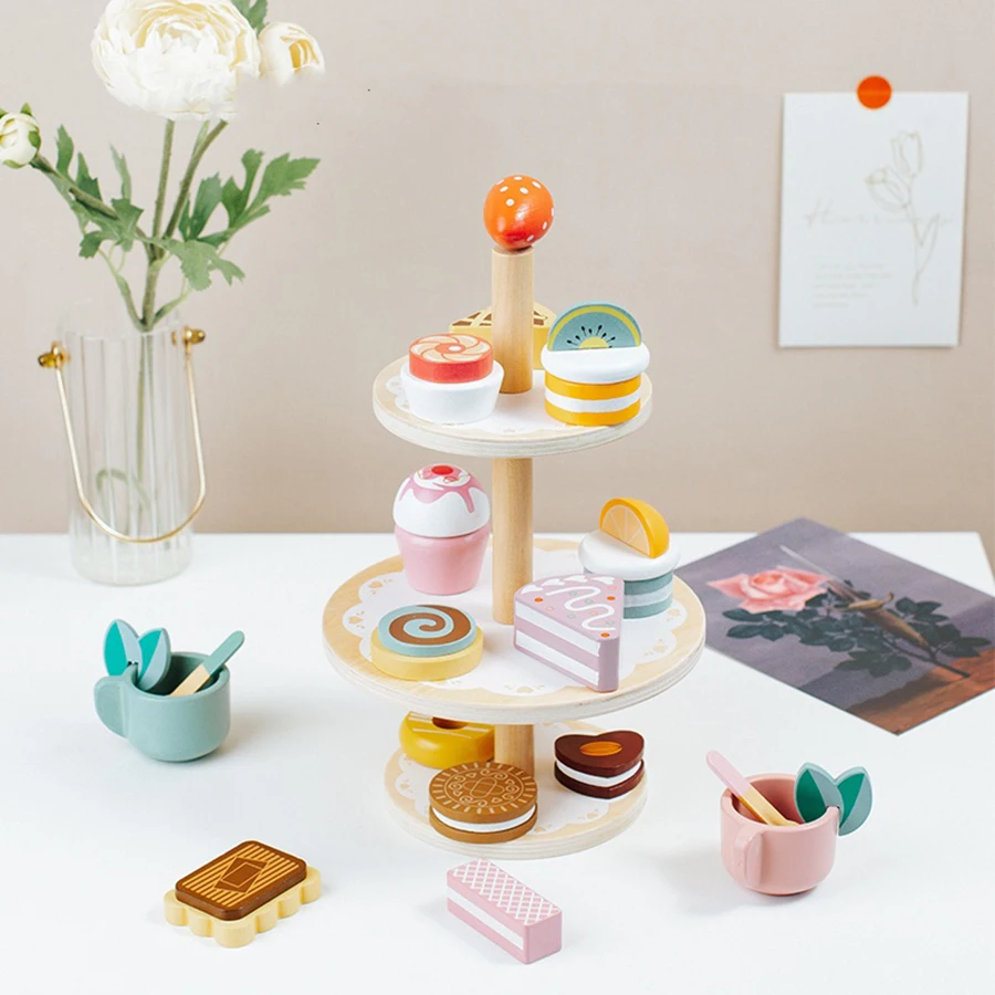 

Wooden Play House Dessert Stand Tea Party Set for Children Role Play Simulation Food Service Children's Kitchen Accessories Gift