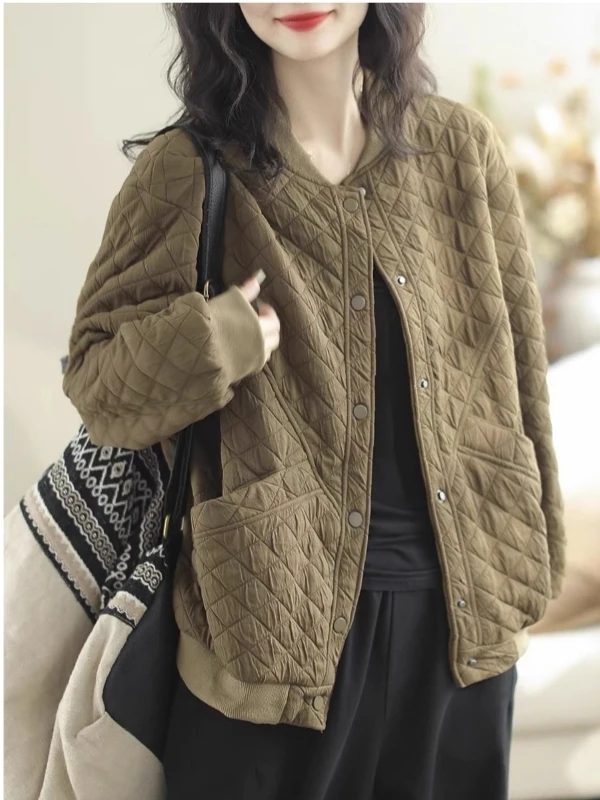 Retro Japanese Style Short Quilted Cotton Baseball Jacket Women's Loose Warm Autumn Outerwear Versatile High Waist Commute