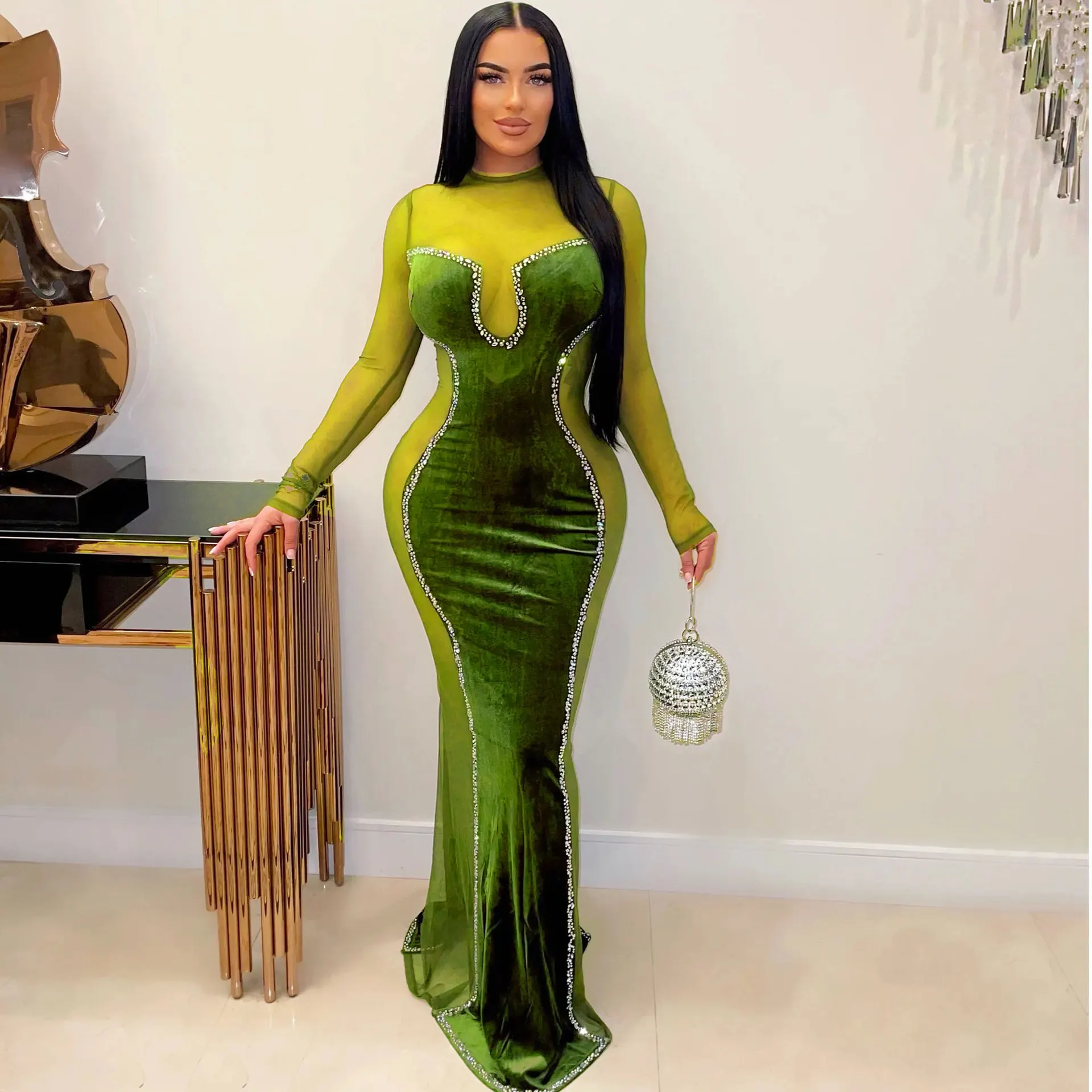 Women Sexy Party Long Dresses Diamonds Hot Rhinestones Splicing Mesh Velvet O-Neck Long Sleeve Mermaid Midi Maxi Dress