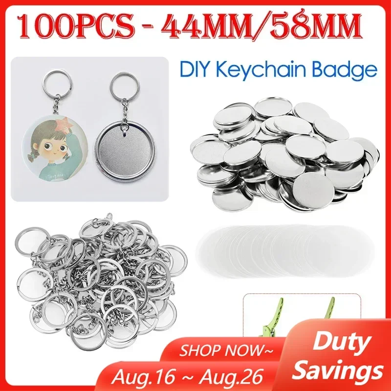 100PCS 44mm 58mm Keychains Badge Making Parts Metal/Plastic Base Blank Key Chians Key Ring Badge Button DIY Materials