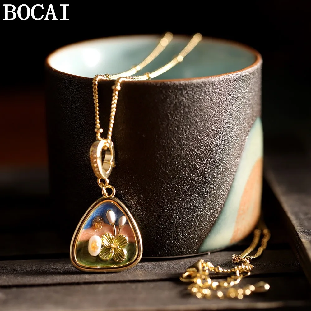 

BOCAI S925 Sterling Silver Fashionable And Luxurious Gold-plated Pearl Necklace French Drip Flower Pendant Women's Gift