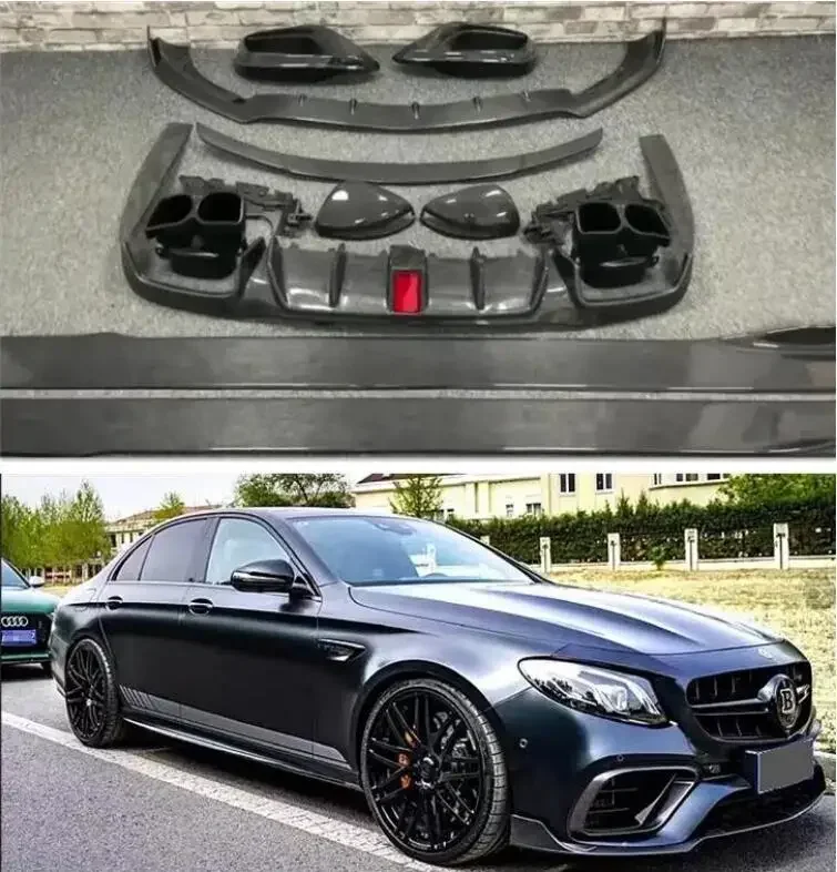 Hot! Front Bumper Lip+Rear Spoiler+Trunk Diffuser+Side Body Skirt+Exhaust Tips For Mercedes-Benz W213 E63 AMG Carbon Fiber