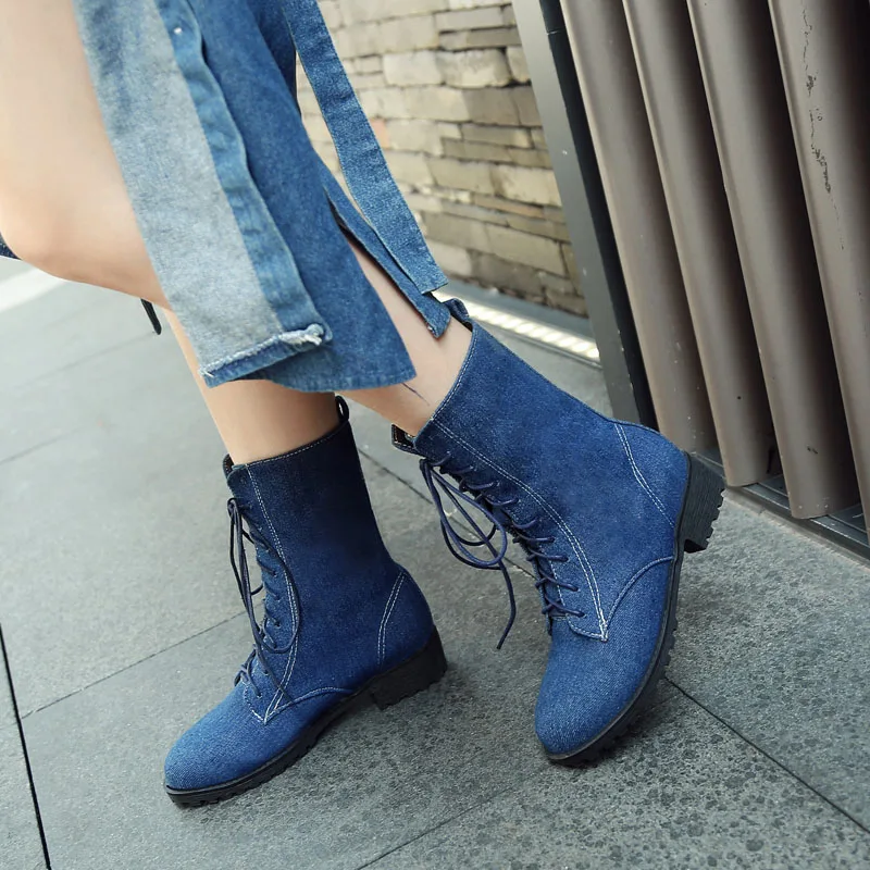 

New Autumn Winter Denim Women Boots Chunky Heel Platform Round Toe Ladies Shoes Casual Lace Up Ankle Boots for Women WSH5220