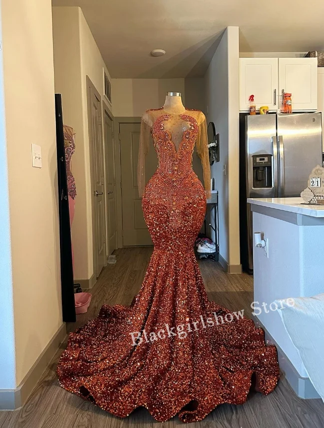 Sparkling Reddish Brown Long Prom Dress 2024 For Women Luxury Long Sleeve Diamante Sequin Tulle See Through فساتين للمناسبات الر