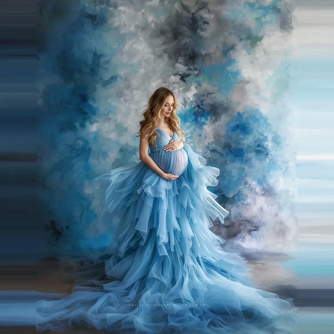 Dreamlike Blue Tulle Pregnancy Robes Puffy Ruffle Tiered Long Maternity Dresses Ruffled Women Photoshoot Dress Baby Shower Party