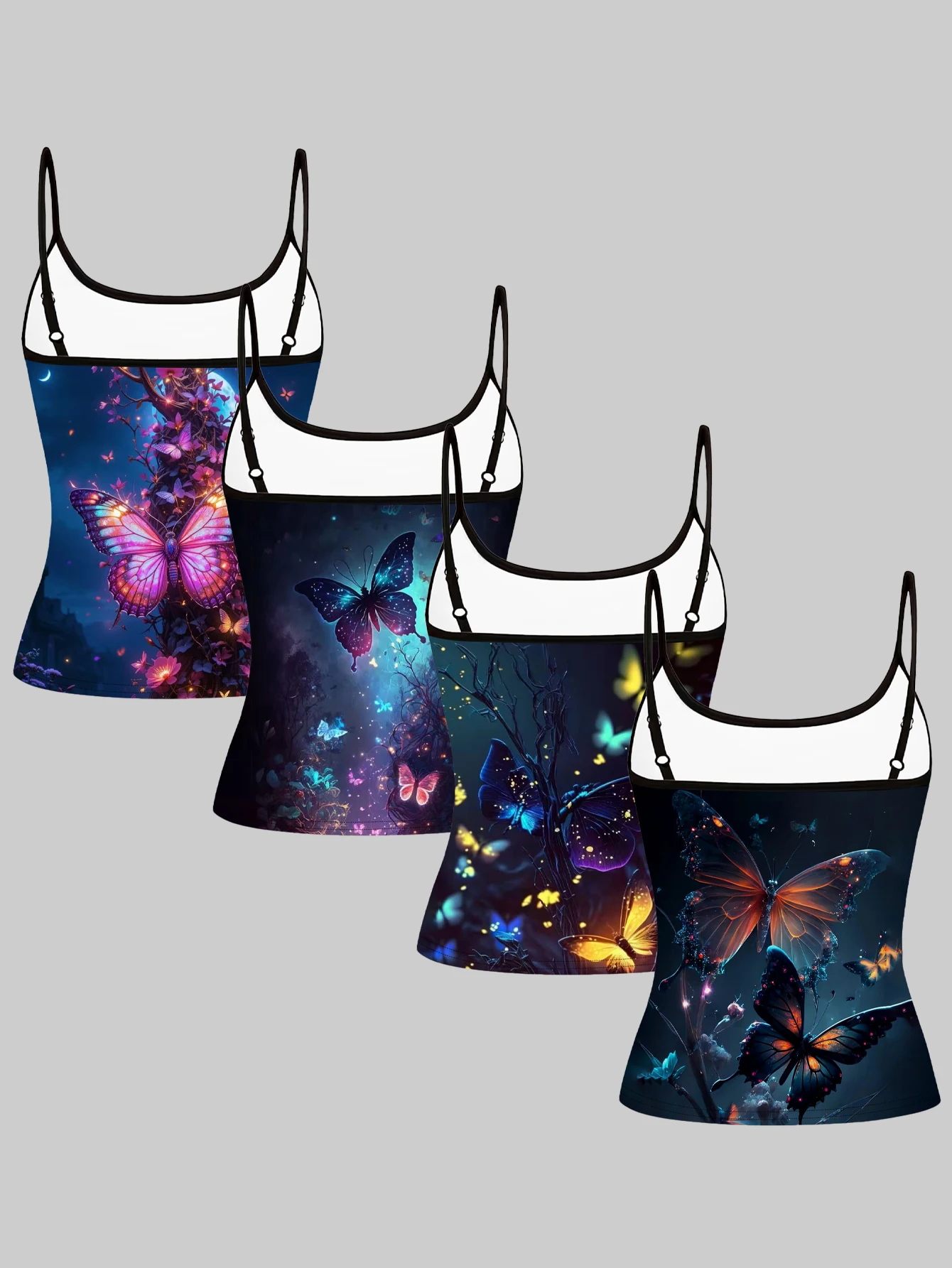 Women's 4-Piece Printed Camisole Set with Purple Large Butterfly Floral Design, Blue Sparkling Starry Sky Butterfly, Firefly Yellow Butterfly Forest, Orange-Red Iridescent Butterfly Pattern, Slim-Fit Sleeveless Outerwear Base Layer Top