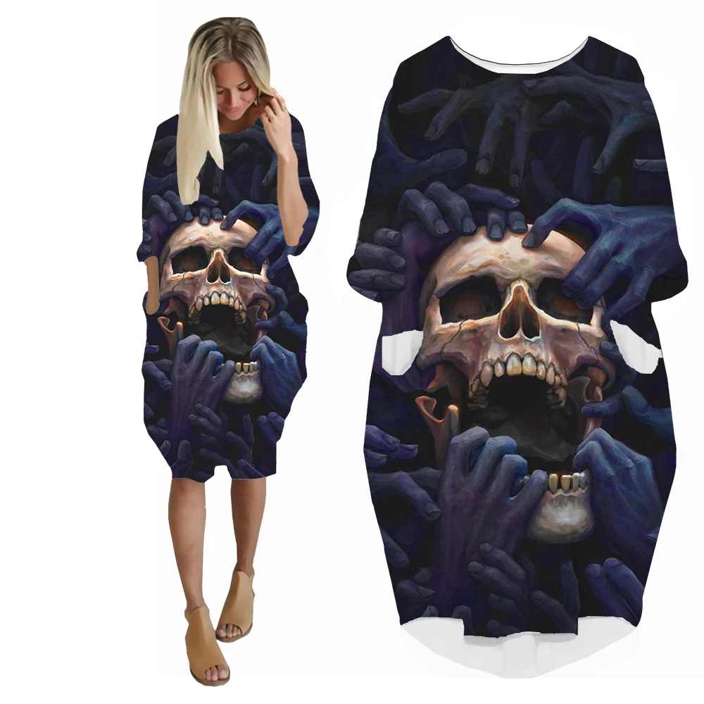 SONSPEE Novelty Japan Cartoon Anime Comics Skull Demon 3D Print Women's Dress Lady Street Fashion Harajuku Manga Pocket Skirt