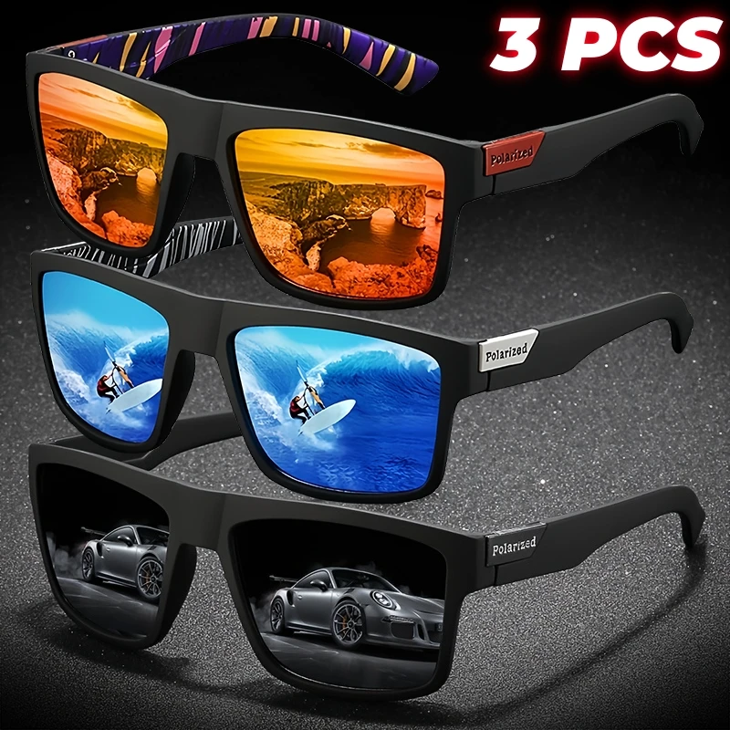 3PCS Retro Quadratische Polarisierte Sport Sonnenbrille Leichte UV400 für Angeln Fahren Unisex Vintage Outdoor Brillen
