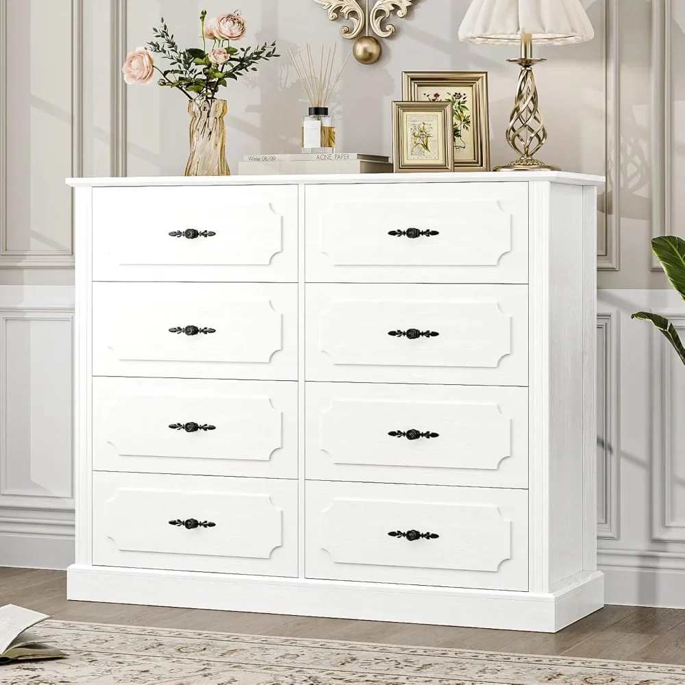 White Dresser Chest of Drawers, Wood Dresser 8 Drawer with Steel Handles, Modern Dresser Drawers Floor Storage Cabinet
