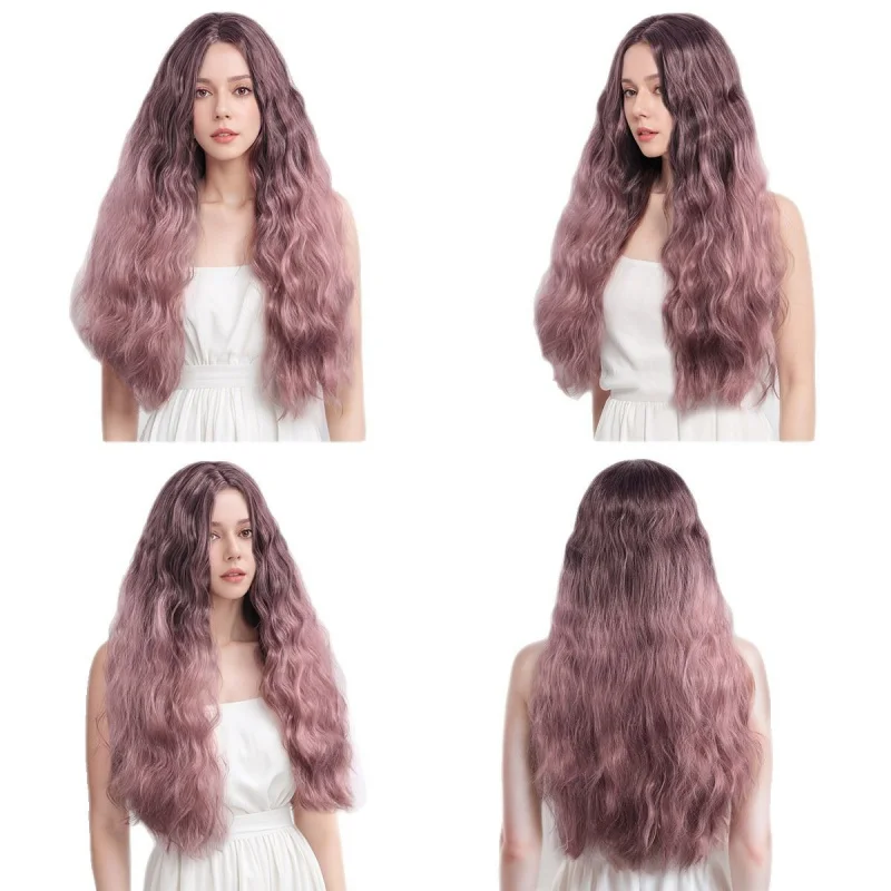 Fashionable European and American style women's pink wig with highlights, dark roots, heat-resistant, pre-plucked synthetic lace